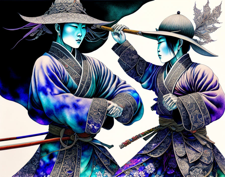 Stylized Asian warrior figures in vibrant blue and purple hues wielding weapons