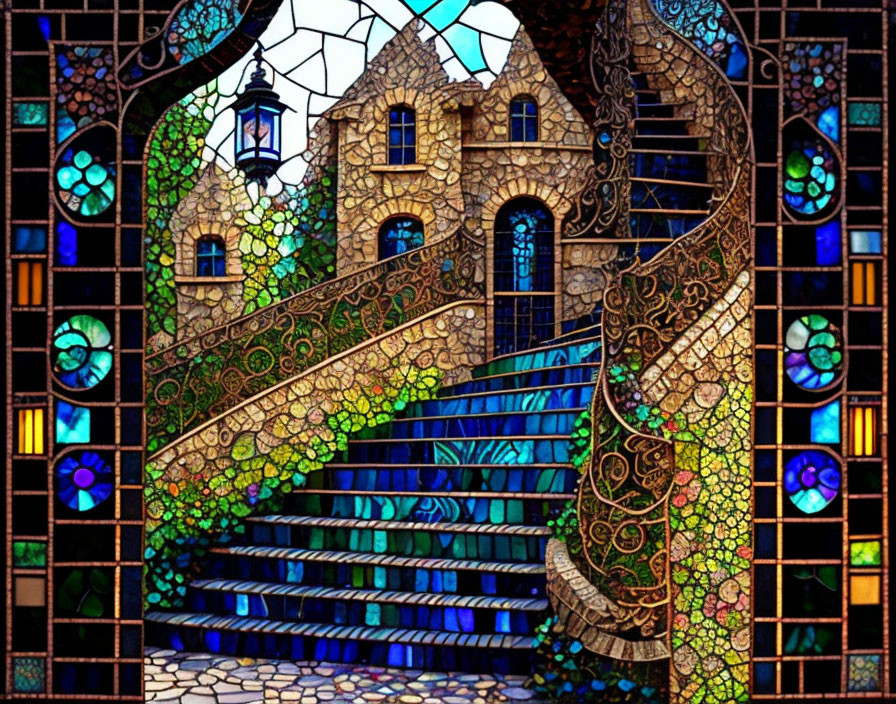 Colorful Stained Glass Art: Grand Staircase & Quaint House