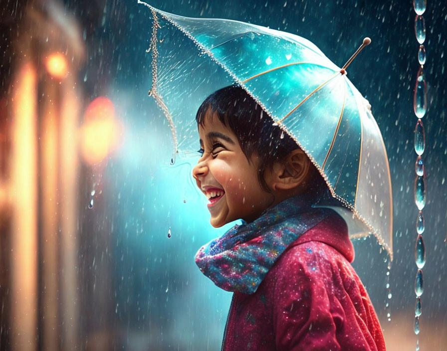 Smiling child with transparent umbrella in rain