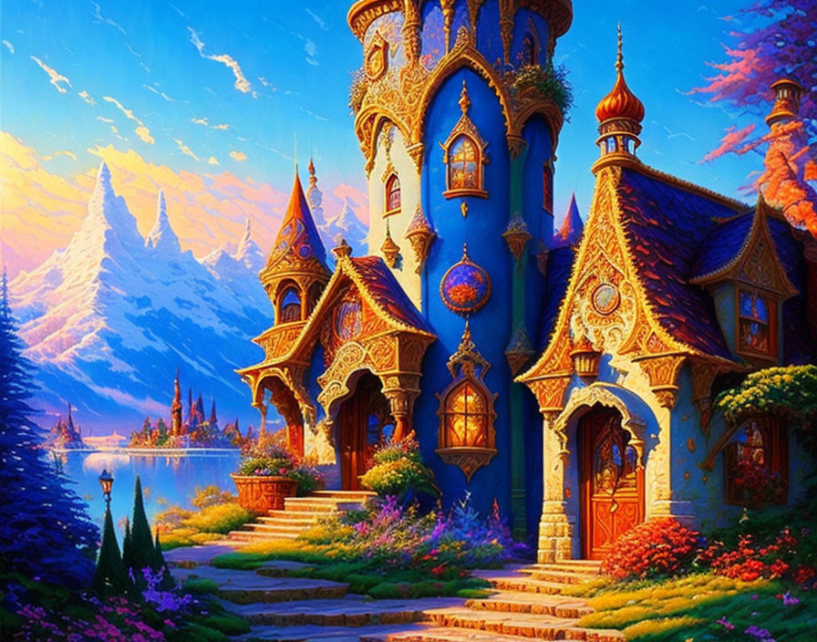 Colorful Castle Painting with Towers, Gardens, Mountains, and Lake