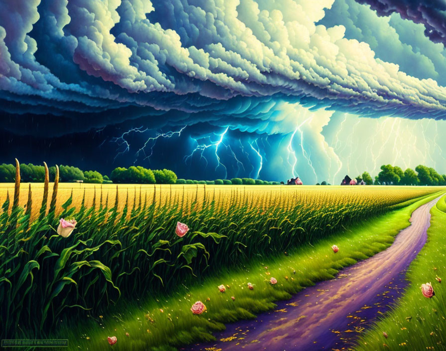 Landscape with storm clouds, lightning, and green field