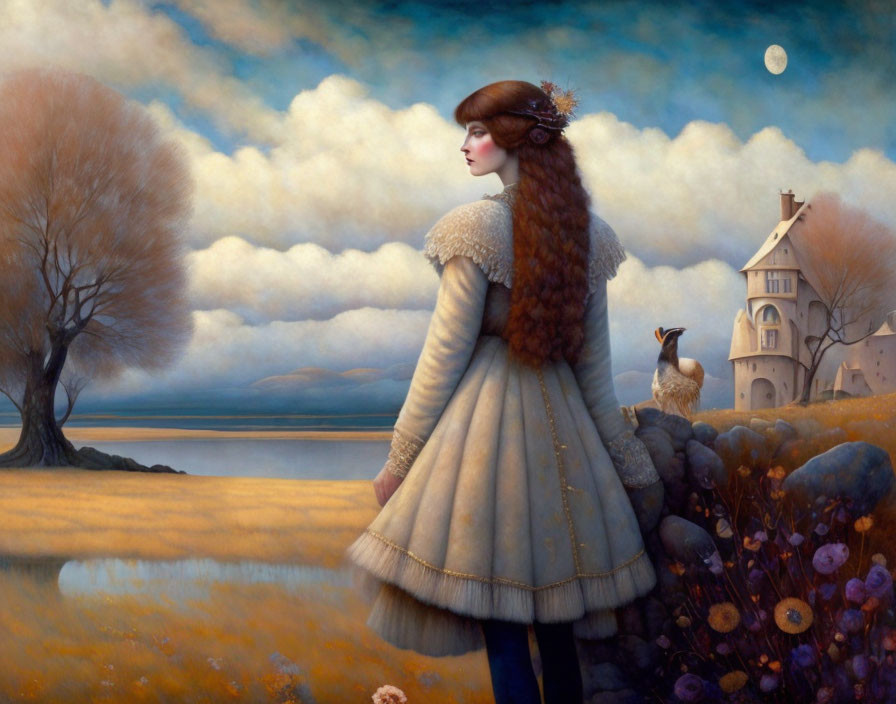 Vintage attire woman with owl by lake under moonlit sky