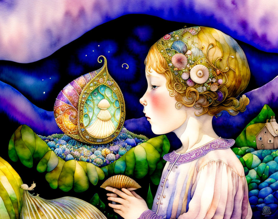 Young girl admiring ornate paisley design in vibrant, dreamy illustration