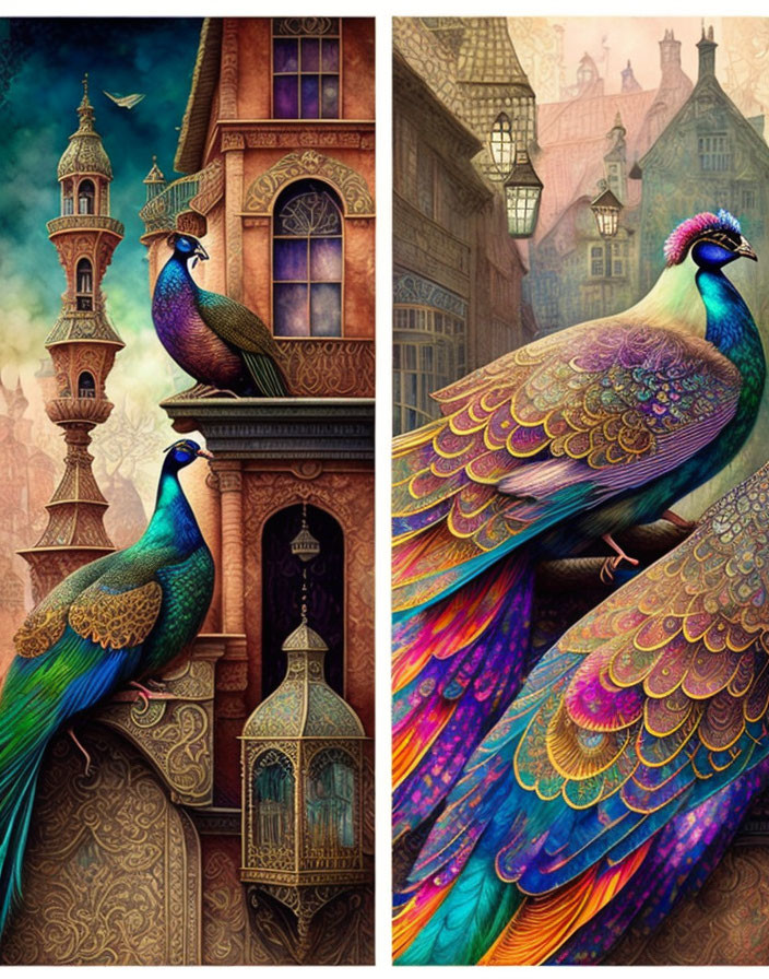 Digital illustration of vibrant peacocks on fantasy-style buildings