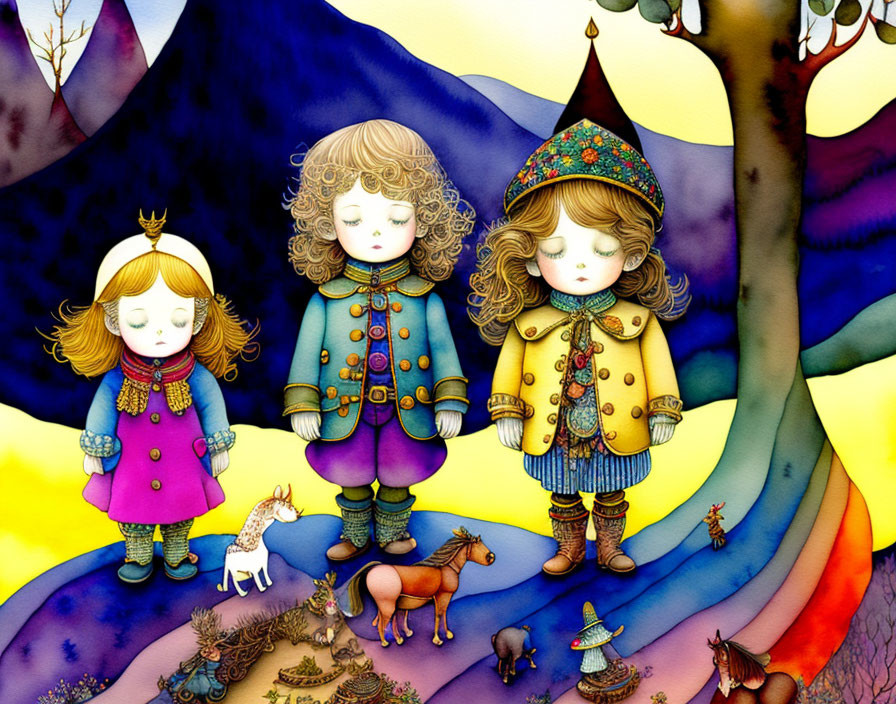 Three children in colorful winter clothes in whimsical winter scene.