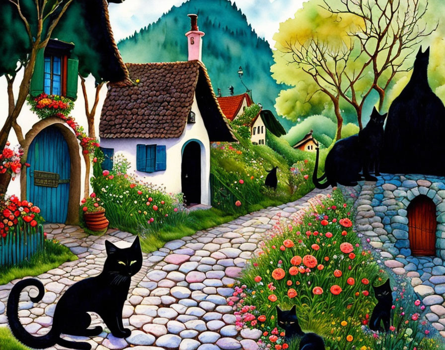 Colorful village scene with black cats and cobblestone path