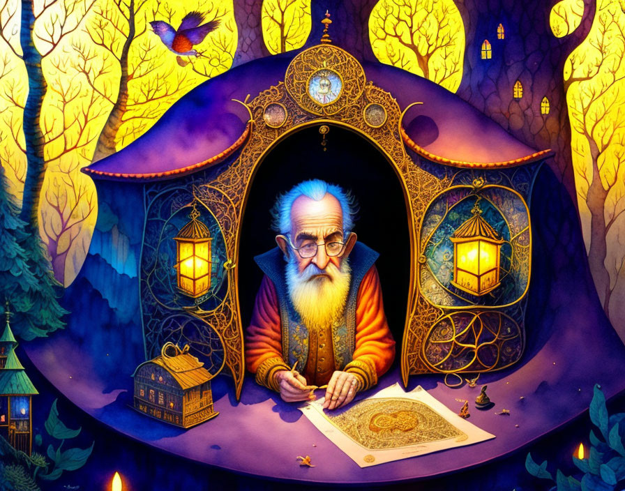 Elderly wizard studying map in tent with clocks in mystical forest at night