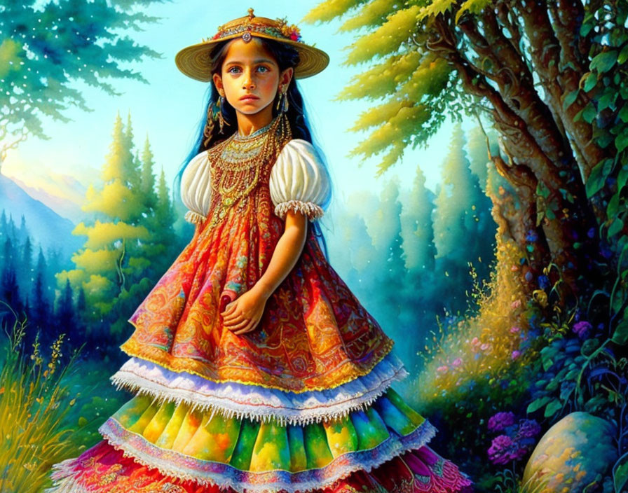 Young girl in traditional dress and hat in lush forest with mountains.