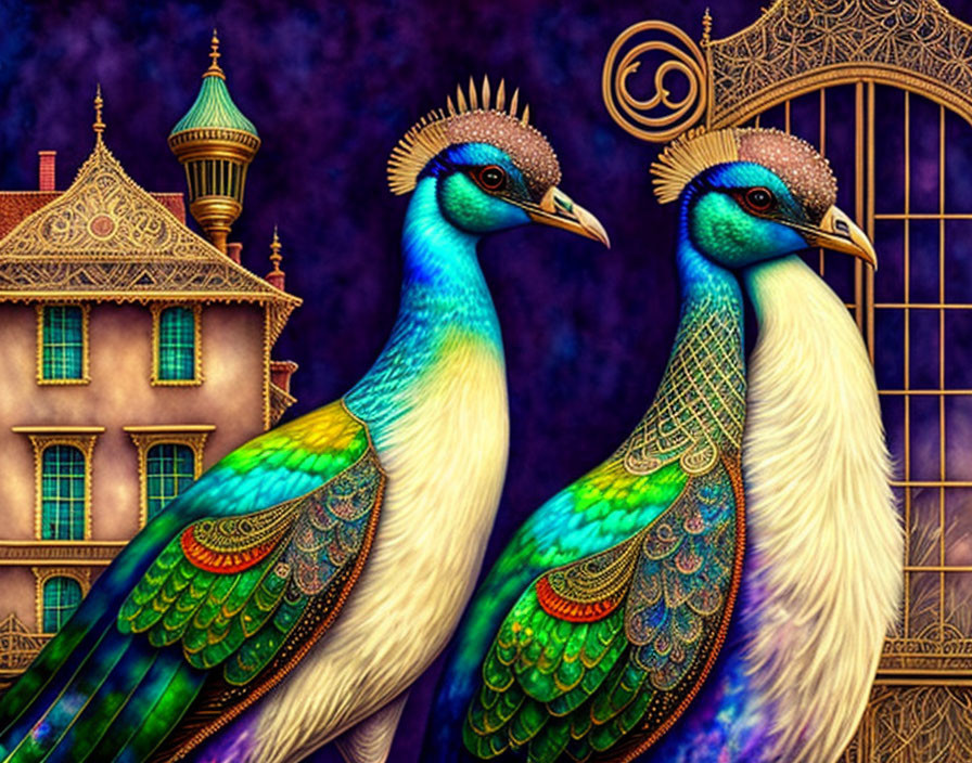 Vibrantly colored peacocks with elaborate plumes by golden gate and whimsical castle at dusk