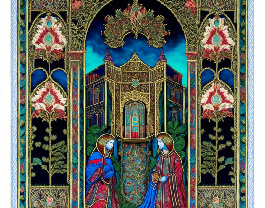 Detailed Gothic Arch Illustration with Two Robed Figures and Floral Motifs