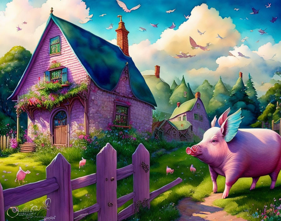 Whimsical pink pig illustration by stone cottage