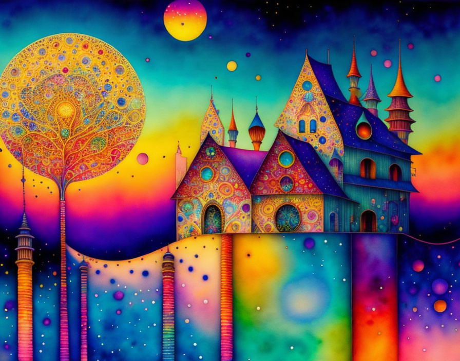 Colorful Castle with Turrets and Starry Sky Painting and Tree with Luminous Orbs