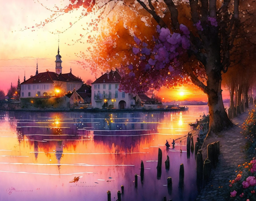 Serene river sunset watercolor with blooming tree and reflections