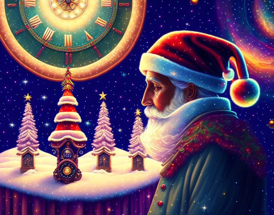 Whimsical Santa Claus in starry night with clock and Christmas tree