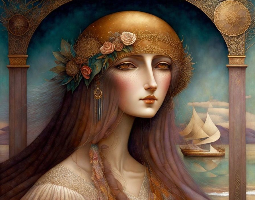 Woman with Ornate Headdress and Ship Backdrop