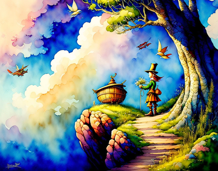 Whimsical landscape with character, hat, flowers, cottage, birds, and planes