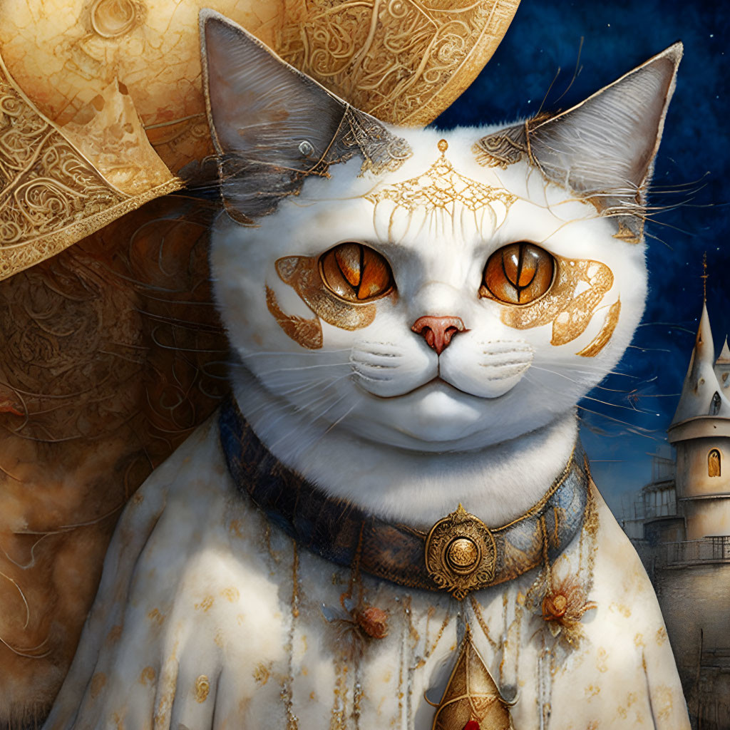 Majestic cat with gold markings and castle backdrop illustration