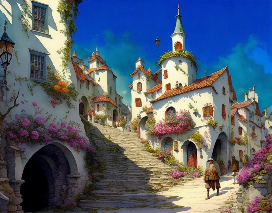 Idyllic village scene with white houses, colorful flowers, cobblestone paths, lone figure walking