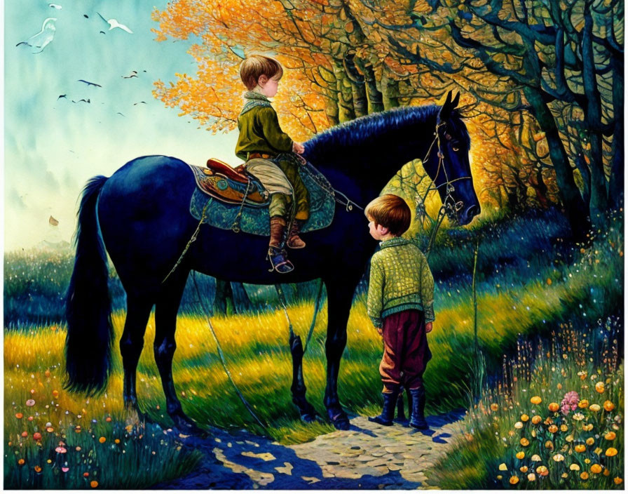 Illustration: Two boys and a horse in sunny meadow surrounded by trees and flowers