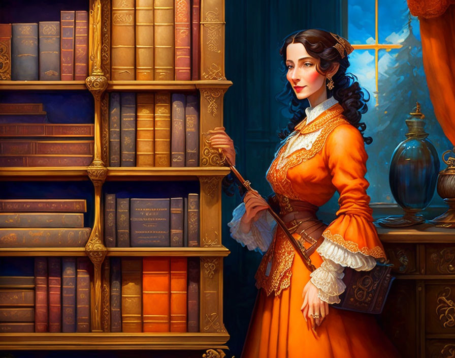 Historical woman in orange gown by bookshelf with pointer