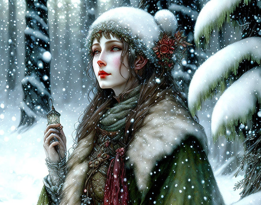 Fantasy illustration of woman in green cloak in snowy forest