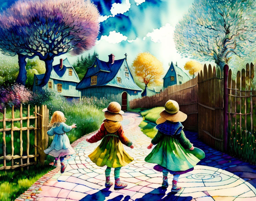 Children walking down colorful pathway towards quaint houses and whimsical trees