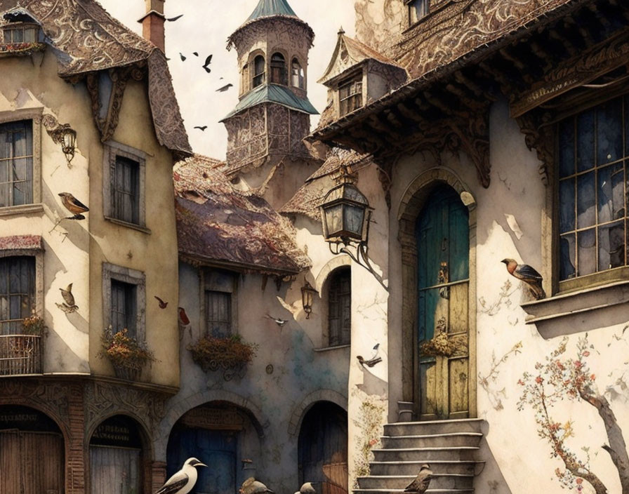 Whimsical old-world village illustration with birds and rustic buildings