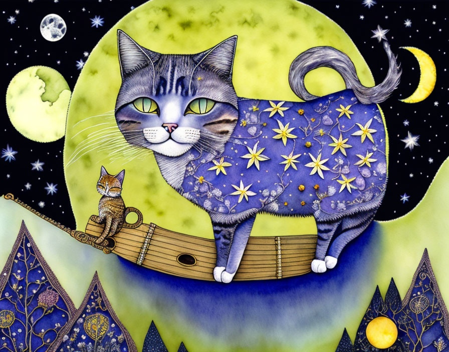 Large blue cat with stars and moons in cosmic setting, small cat with guitar