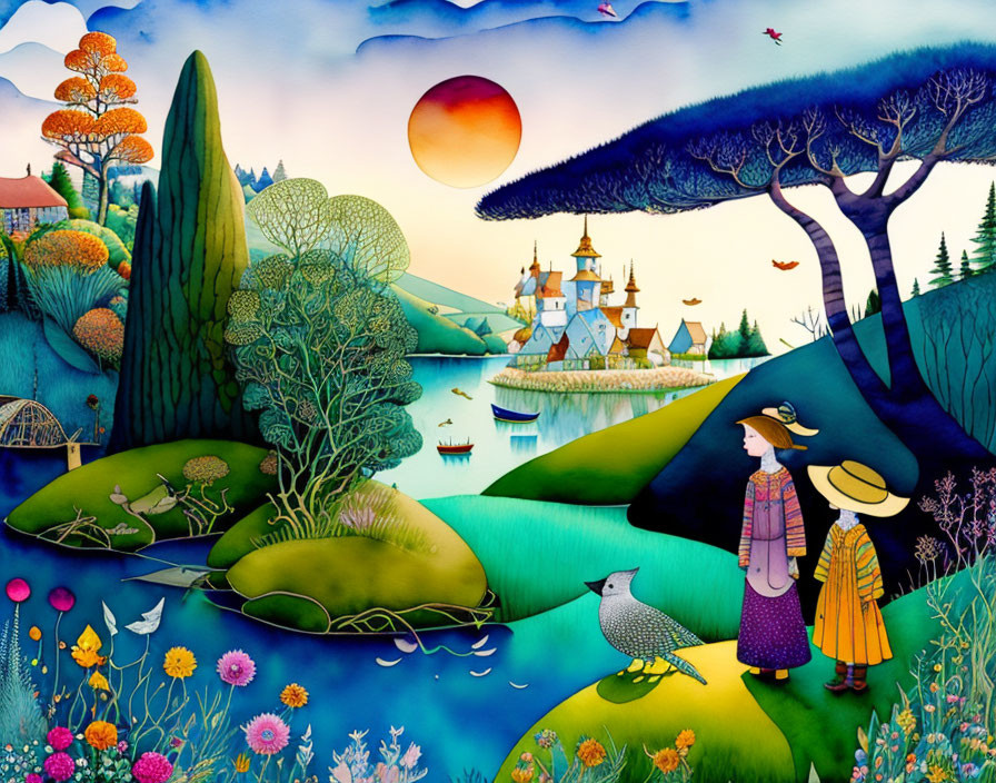 Colorful fantasy landscape with castle, figures, and rich flora & fauna