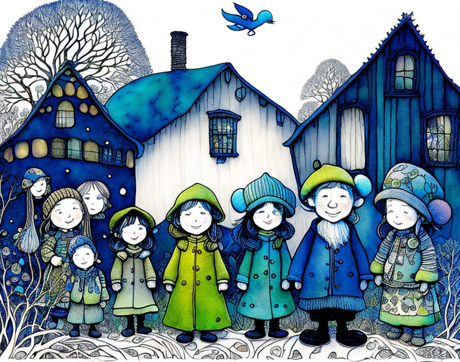 Group of smiling people in winter attire by quaint houses with flying bluebird