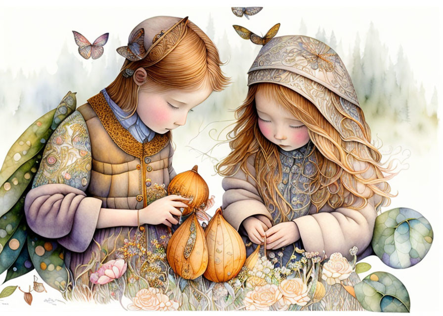 Vintage clothing girls admire butterfly on pumpkin in gentle floral scene.