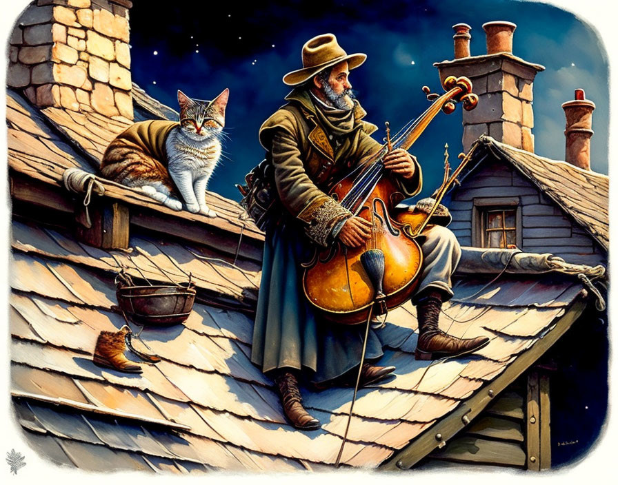 Elderly musician playing cello on rooftop with cat under starlit sky