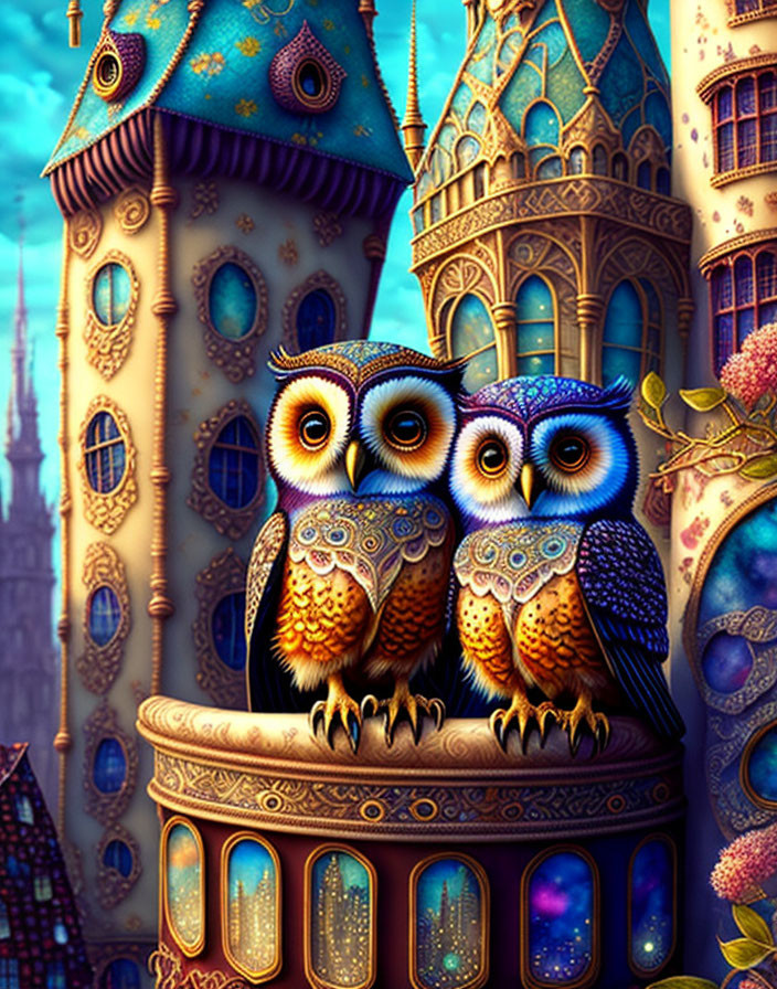 Colorful stylized owls on balcony with fantasy architecture