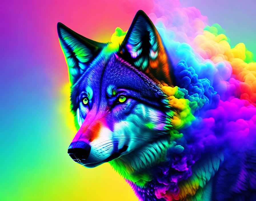 Colorful Neon Wolf Artwork on Rainbow Background