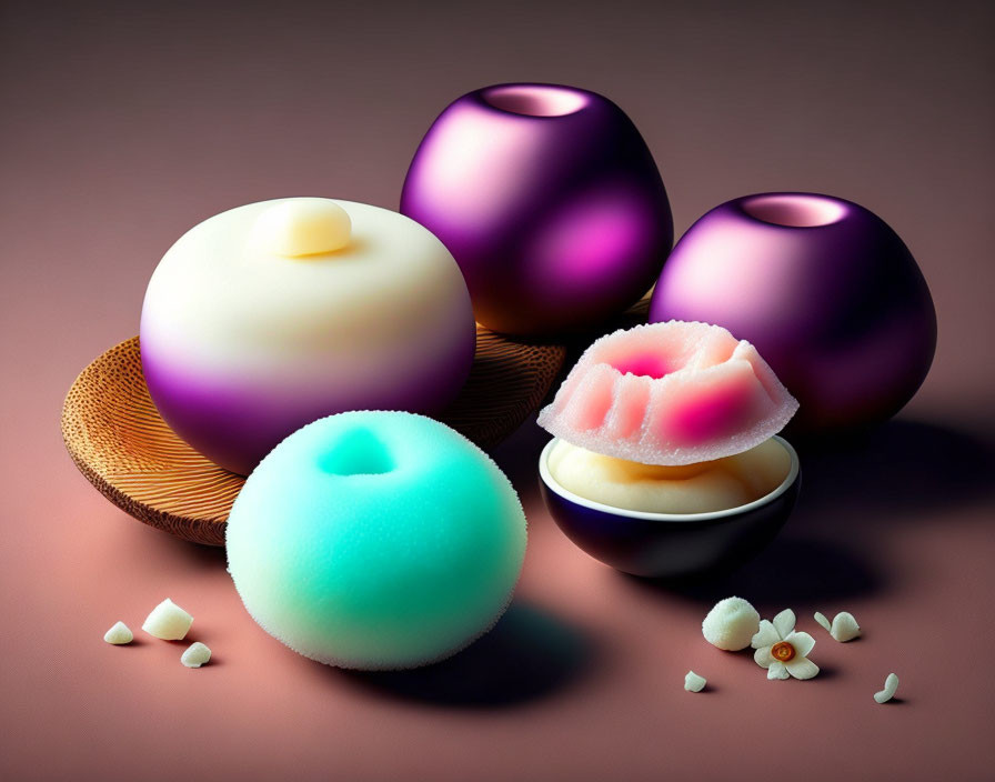 Colorful Japanese Mochi Desserts with Pink Filling on Floral Background