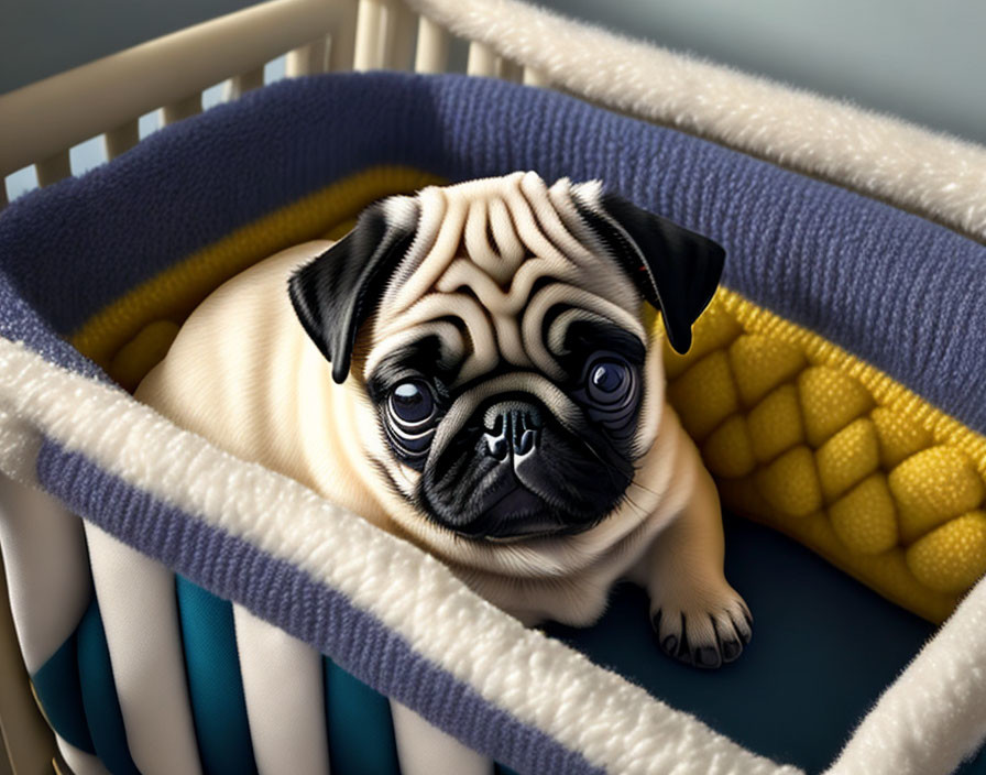 Adorable pug puppy with big eyes in baby crib