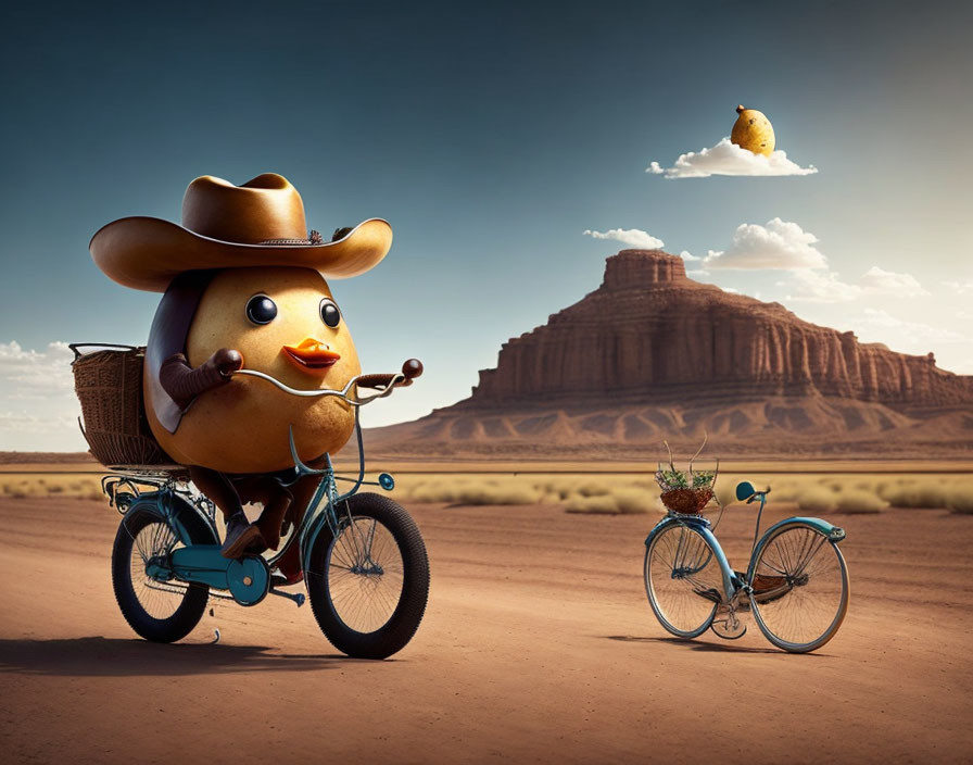 Anthropomorphized egg in cowboy hat rides bicycle in desert with flying potato.