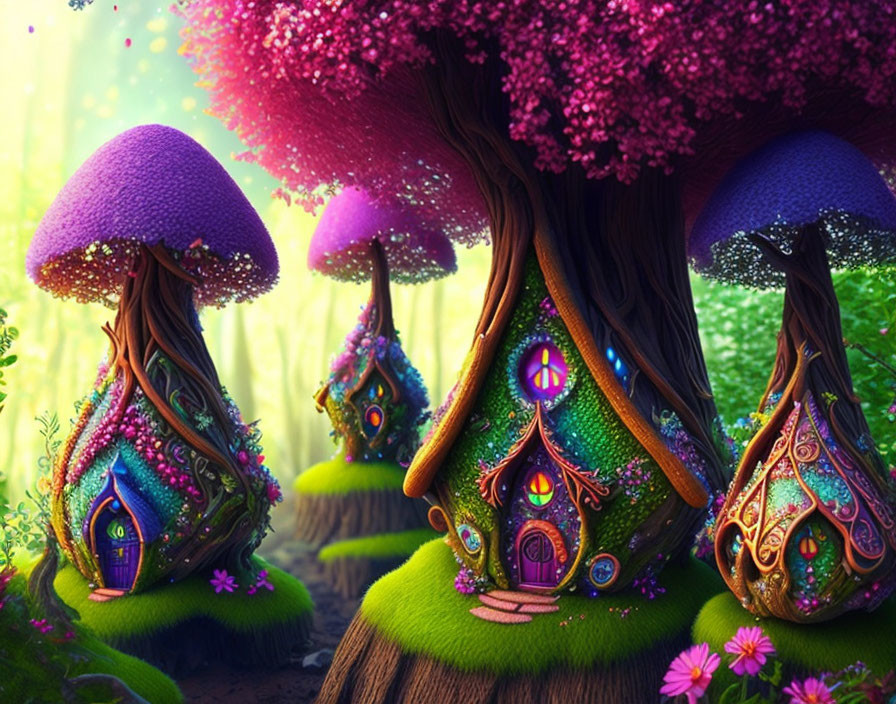 Colorful Mushroom Houses in Mystical Forest Setting