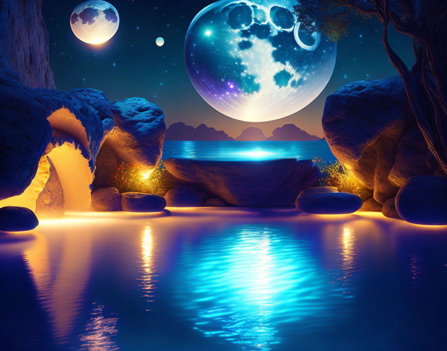 Surreal landscape with luminous blue lake, detailed moon, and star-filled sky