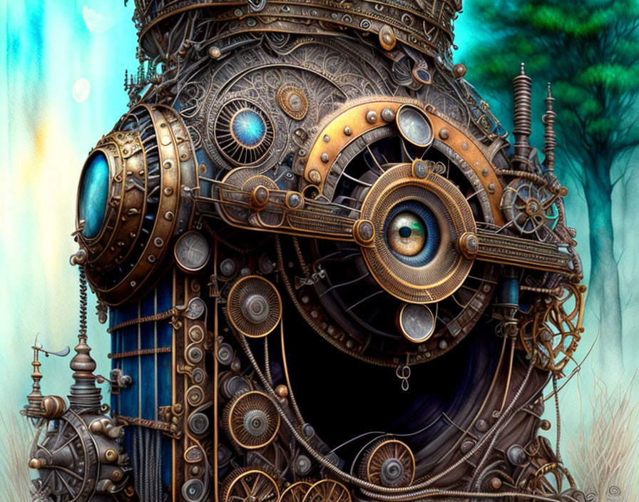 Intricate steampunk mechanical owl in misty forest