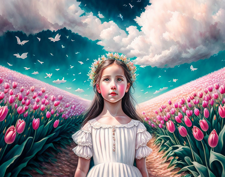 Young girl in floral crown surrounded by vibrant tulip field and dramatic sky with birds