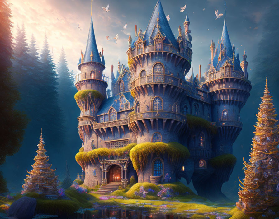 Majestic fantasy castle with spires in mystical forest at twilight