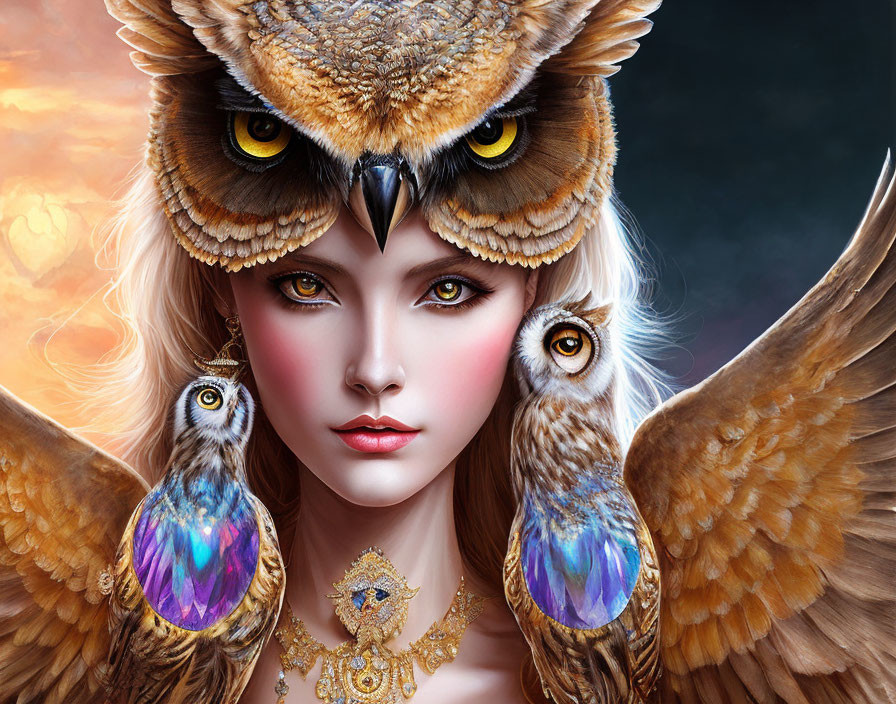 Digital artwork: Woman's face fused with owl features - wings, headdress, and owl-eye earrings