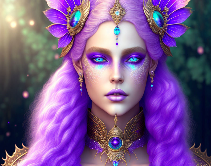 Fantasy being with purple hair, blue glowing eyes, gold and purple floral jewelry