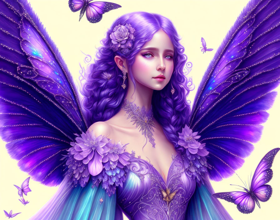 Purple-haired female figure with ornate wings and floral dress among butterflies on soft purple backdrop