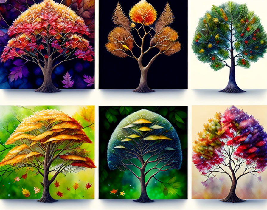 Six vibrant stylized tree paintings depicting various seasons and times of day with rich colors and detailed leaves.