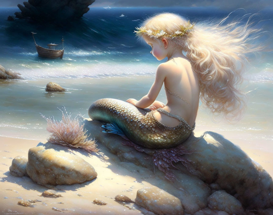 Blonde-haired mermaid with floral garland gazes at boat from sea rock