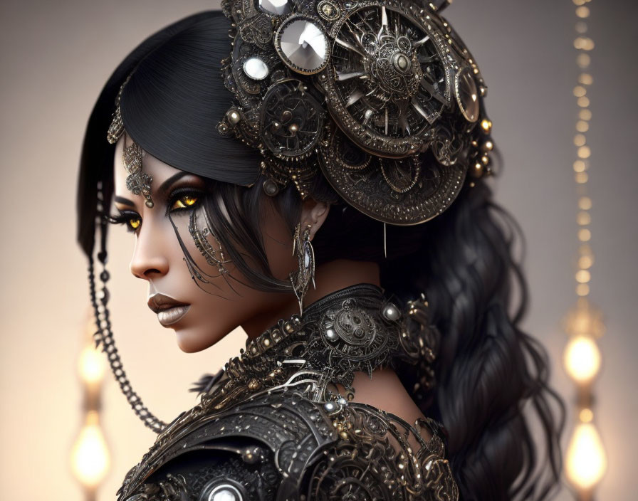 Steampunk-style digital artwork of a woman with intricate jewelry and mechanical elements