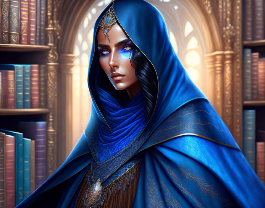 Digital artwork of woman with blue eyes in cloak against library backdrop