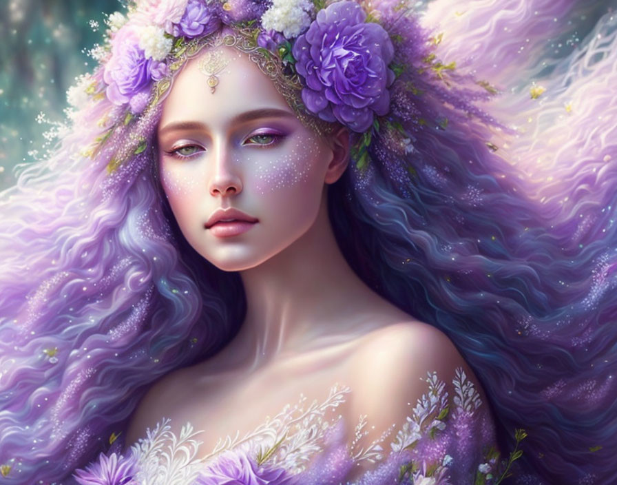 Woman with Floral Crown and Purple Flowing Hair in Fantasy Setting